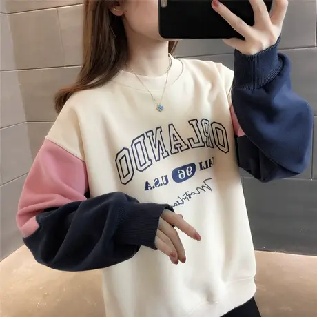 秋冬新款2023年个性字母印花拼色袖宽松加绒加厚卫衣百搭设计感潮图片