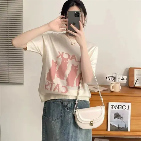 冰丝针织衫短袖t恤女2023新款夏季宽松正肩半袖上衣潮小个子体恤图片