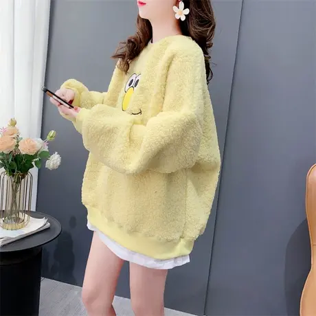 假两件羊羔毛圆领卫衣女秋冬2023新款宽松慵懒风大码加绒加厚上衣图片