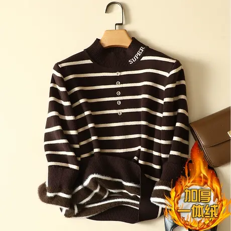 秋冬加绒毛衣女加厚一体绒内搭宽松半高领套头打底针织衫保暖上衣商品大图