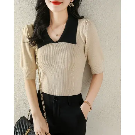 2023夏季新款polo领冰丝针织衫女夏短袖纯色T恤百搭洋气短款上衣商品大图