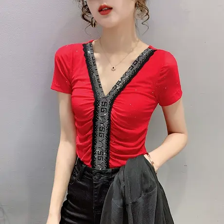 女装2023新款潮性感V领T恤女短袖夏时尚烫钻上衣洋气修身网纱小衫商品大图
