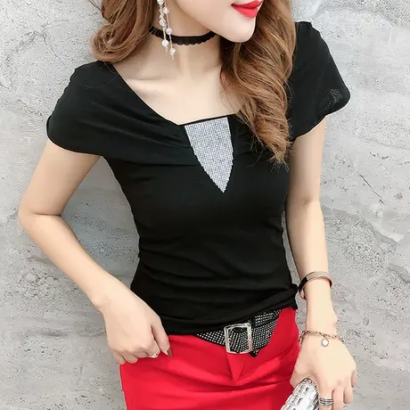 气质方领T恤女短袖2024夏季新款性感紧身小衫时尚别致烫钻上衣ins商品大图