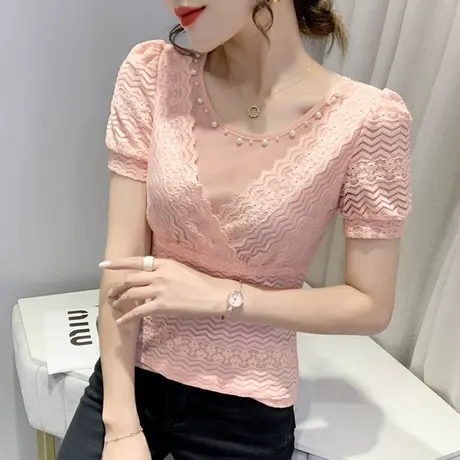 性感镂空蕾丝衫女夏装时尚钉珠上衣洋气修身小衫百搭短袖T恤女潮商品大图