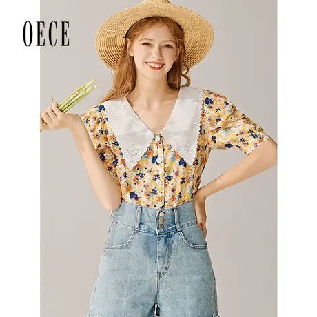 Oece年春夏新款女装 复古花边设计感小众泡泡袖碎花衬衫上衣商品大图
