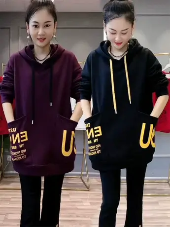 卫衣女加绒2023秋冬季新款大口袋中长款时尚洋气爆款连帽外套显瘦商品大图