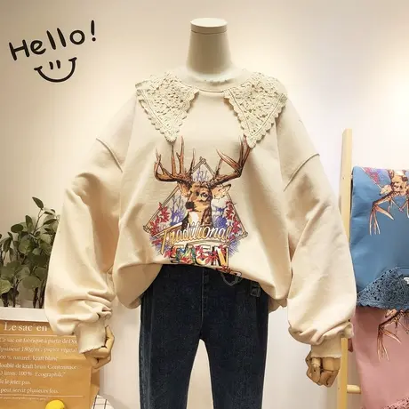 2020早春新款韩国东大门ins海军领蕾丝娃娃领小鹿卫衣闺蜜姐妹装商品大图