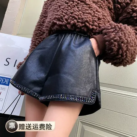 靴裤子女秋冬加绒加厚皮裤2023新款宽松显瘦高腰钉珠外穿休闲短裤图片