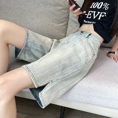浅色牛仔五分短裤女夏季薄款高腰显瘦复古条纹开叉宽松阔腿中裤子商品大图