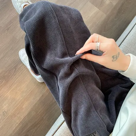 灰色灯芯绒束脚裤女2024年秋冬新款高腰宽松显瘦百搭休闲哈伦卫裤商品大图