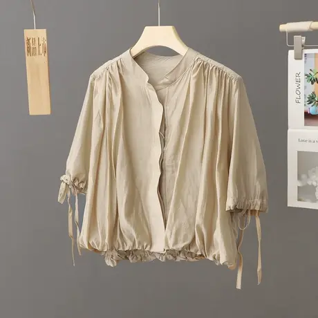2024夏季新款双层轻薄上衣女短款抽绳束口衬衫立领小衫薄款衬衣图片