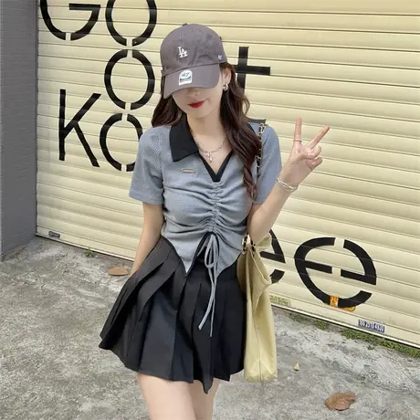 POLO领短袖t恤女夏季设计感小众不规则抽绳辣妹纯欲露脐短款上衣商品大图
