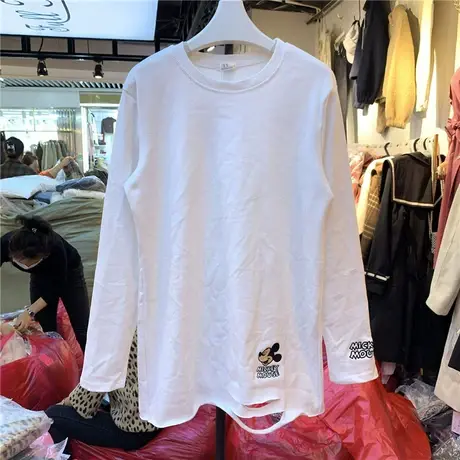加绒加厚白色长袖t恤女秋冬2023新款韩版ins潮刺绣割破宽松打底衫图片