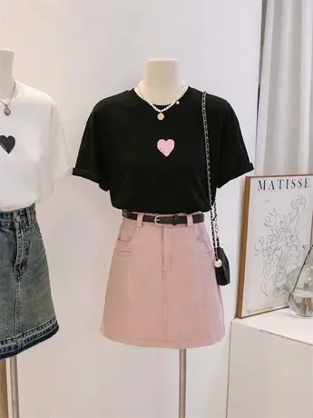 黑色爱心短袖t恤女夏季宽松外穿打底衫ins休闲百搭减龄圆领上衣商品大图