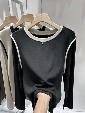 欧货装饰弹力圆领撞色钉珠长袖T恤女2023秋冬新款显瘦打底衫上衣商品大图