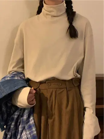 德绒半高领长袖t恤女春秋冬2023新款卫衣内搭打底衫叠穿宽松上衣商品大图