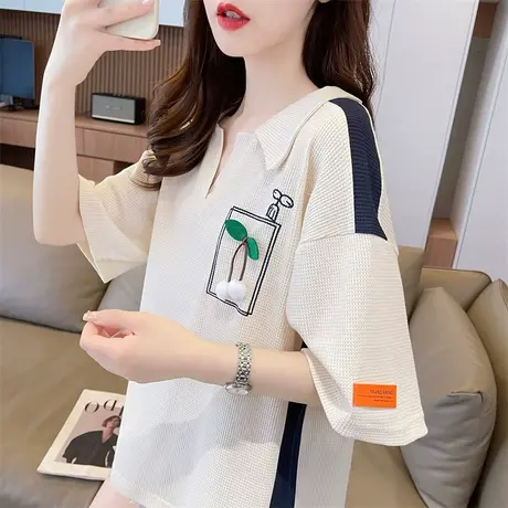 设计感小众短袖t恤女夏季韩版宽松撞色polo领小个子华夫格上衣服图片