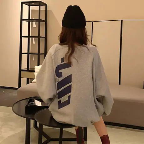 简约古着vintage卫衣灰色无帽外套女欧美高街慵懒风百搭宽松上衣图片