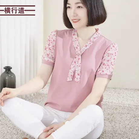 V领碎花短袖T恤女2025新款夏装宽松休闲纯色上衣洋气大码外穿小衫商品大图