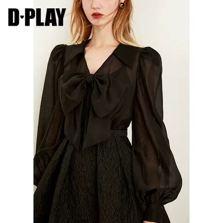 DPLAY秋装新法式复古V领蝴蝶结女士衬衫ins黑色透视通勤衬衫商品大图