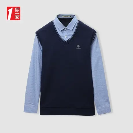 海一家保暖加绒毛衣2023冬季新款假两件休闲男士双领针织衫商品大图