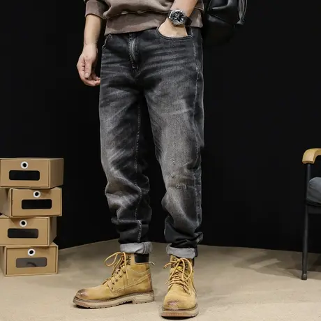 高端弹力黑色牛仔裤男春秋款潮牌直筒宽松男士美式裤子2024新款潮商品大图