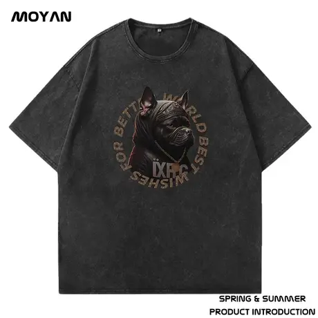 美式重磅纯棉t恤男生潮牌宽松肥佬圆领加肥加大码短袖水洗做旧夏商品大图