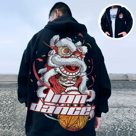 国潮中国风醒狮大码oversize潮牌拉链印花开衫卫衣男潮流加绒外套图片