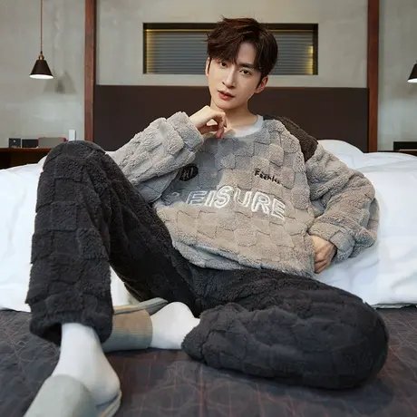 男士睡衣男加绒加厚珊瑚绒套装男款秋冬套头法兰绒冬天家居服冬季商品大图