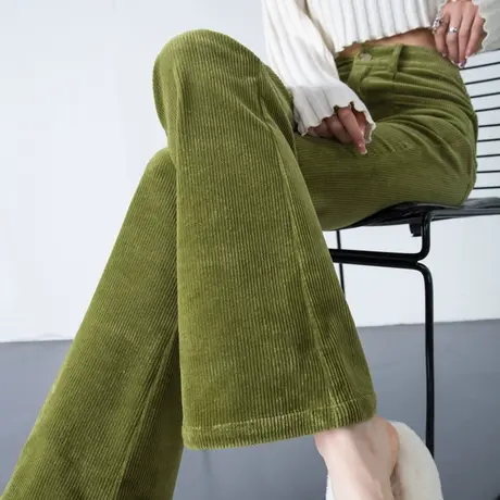 绿色灯芯绒女裤小个子微喇叭裤女士裤子2024新款春秋季条绒休闲裤商品大图