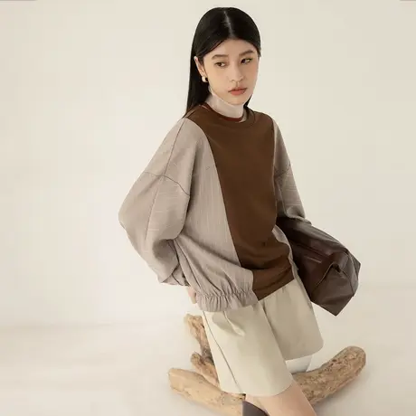 桔熊秋冬季休闲圆领落肩卫衣拼接条纹长袖宽松上衣女大码AB19200商品大图