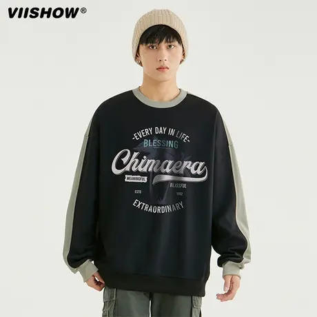 VIISHOW复古日系字母印花拼色圆领卫衣男秋冬季宽松百搭套头上衣商品大图