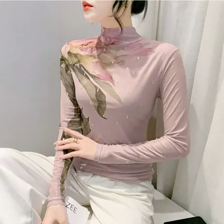 半高领打底衫女长袖欧货加绒秋冬网纱印花气质内塔上衣修身T恤潮商品大图