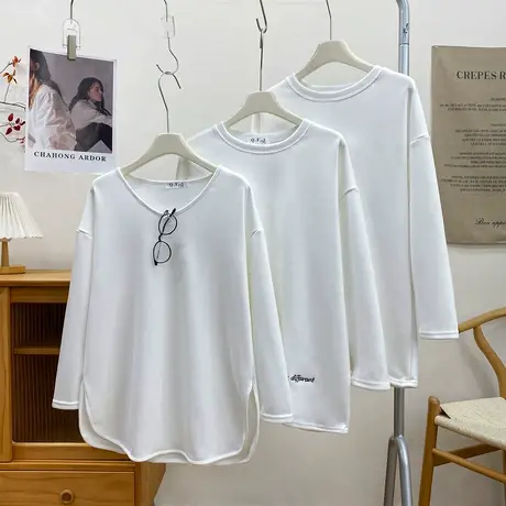 白色内搭基础款加绒加厚长袖T恤女秋冬叠穿中长款加厚打底衫上衣商品大图