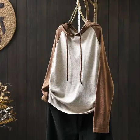 享永子【减龄穿搭】撞色拼接连帽毛衣棉线显瘦休闲减龄套头针织衫商品大图