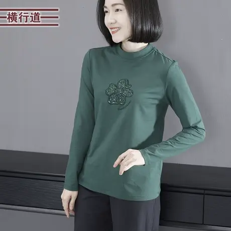 半高领珠绣宽松长袖2023新款冬装纯色刺绣大码女上衣外穿简约T恤商品大图