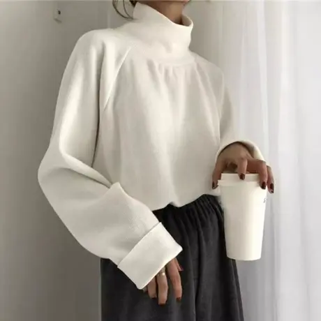 韩版宽松半高领长袖加绒T恤女冬季德绒磨毛保暖内搭外穿打底上衣商品大图