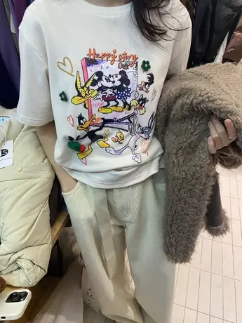 2024春季新款韩版字母卡通短袖磨毛T恤女百搭洋气半袖打底衫上衣图片