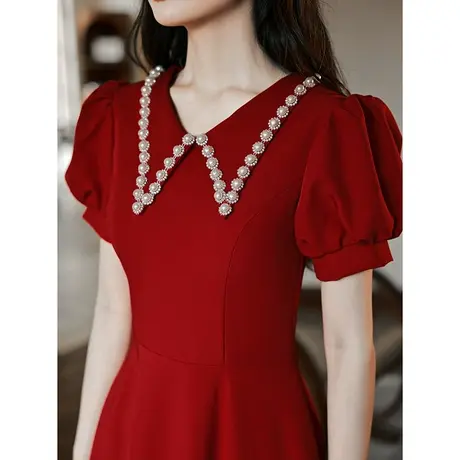 法式敬酒服新娘女夏季酒红色结婚订婚礼服连衣裙回门便装平时可穿图片