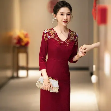 喜婆婆婚宴装晚礼服年轻小个子妈妈婚礼洋气冬季平时可穿气质优雅图片
