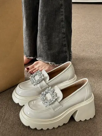 小个子厚底单鞋女真皮坡跟懒人松糕鞋2024春秋漆皮白色高跟小皮鞋商品大图