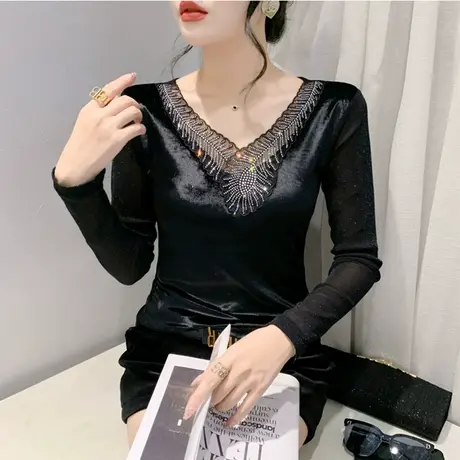时尚性感V领秋冬2024新款T恤网纱镂空镶钻加绒上衣女长袖打底小衫商品大图