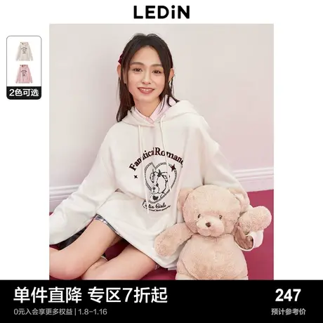 乐町oversize绒感针织卫衣小熊印花上衣冬新款连帽小熊卫衣图片