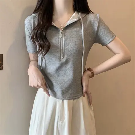 小个子短款修身短袖T恤女夏季连帽半拉链上衣设计感打底小衫潮ins图片