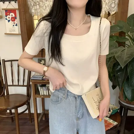方领冰丝针织衫短袖t恤女2023年新款夏季薄款设计感正肩短款上衣图片