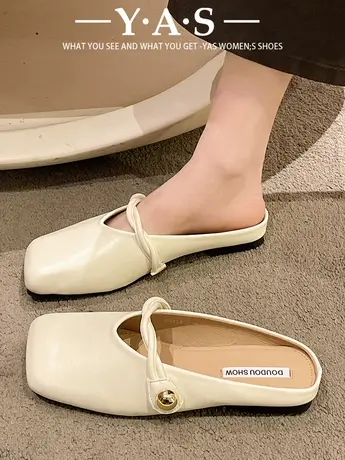 法式包头半拖鞋女春季外穿2024年新款一脚蹬懒人穆勒女鞋平底拖鞋商品大图
