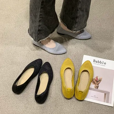 飞织王妃鞋女春夏浅口单鞋针织透气孕妇平底豆豆鞋软底一脚蹬瓢鞋商品大图