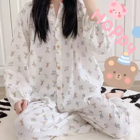 韩版INS慵懒风纯棉纱布睡衣女可爱小动物棉纱宽松舒适长袖居家服商品大图