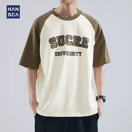 hansca 重磅撞色短袖t恤男士插肩袖夏季新款半袖纯棉宽松休闲上衣商品大图