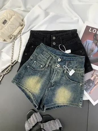 韩版复古两粒扣牛仔短裤2024春夏新款显瘦百搭高腰弹力直筒辣妹裤图片
